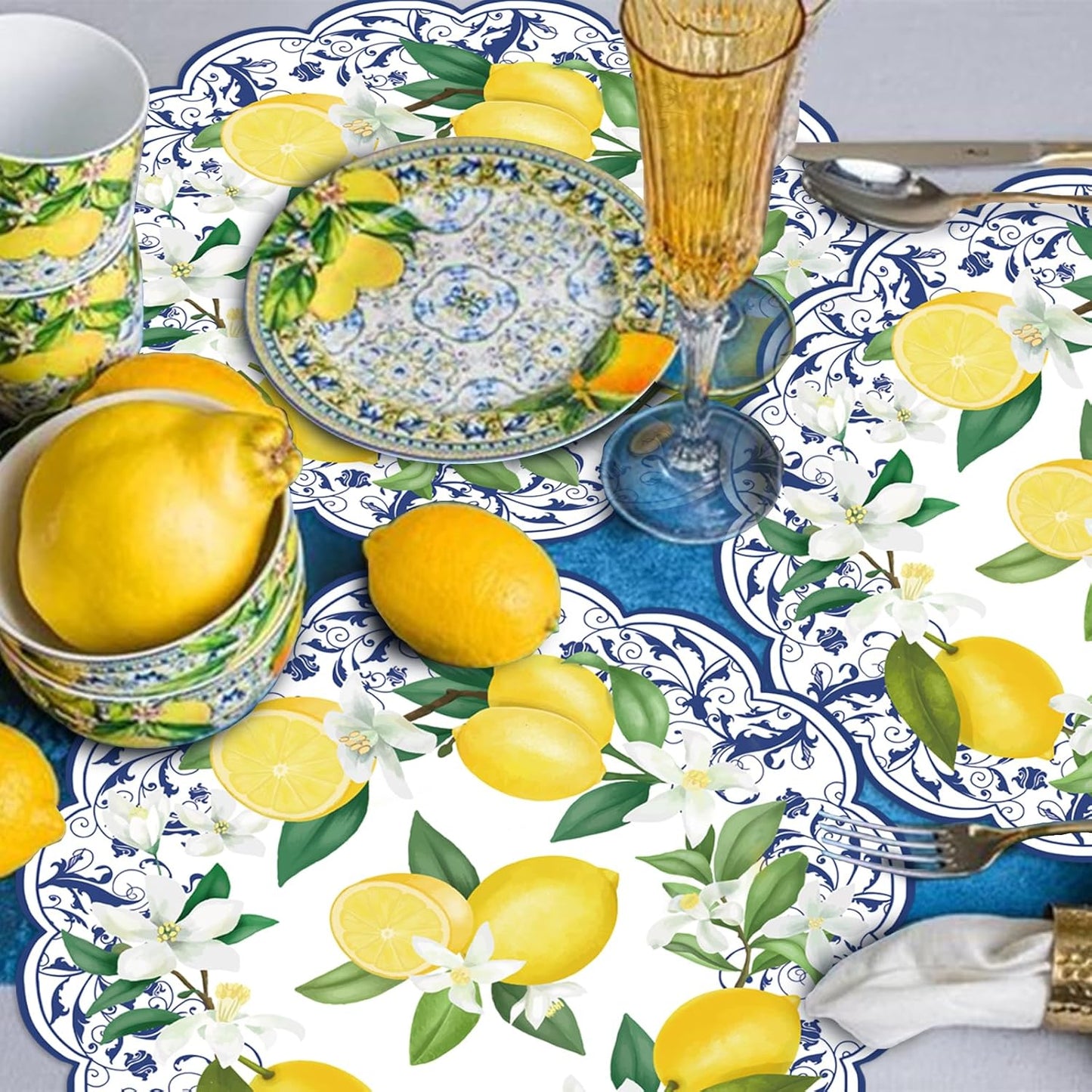 50Pcs Lemon Round Paper Placemats,13.4 Inch Cyan Blue Tiles Lemon Paper Place Mats Summer Fruit Scalloped Disposable Table Mats for Party Kitchen Dining Holiday Birthday Party Supplies
