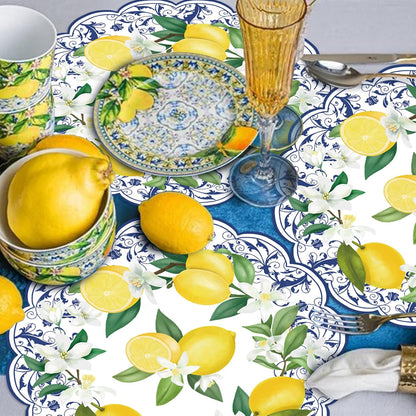 50Pcs Lemon Round Paper Placemats,13.4 Inch Cyan Blue Tiles Lemon Paper Place Mats Summer Fruit Scalloped Disposable Table Mats for Party Kitchen Dining Holiday Birthday Party Supplies