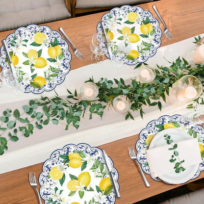 50Pcs Lemon Round Paper Placemats,13.4 Inch Cyan Blue Tiles Lemon Paper Place Mats Summer Fruit Scalloped Disposable Table Mats for Party Kitchen Dining Holiday Birthday Party Supplies