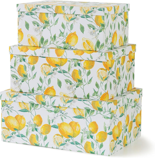 Zesty Lemons Decorative Storage Boxes with Lids, Set of 3 | Large Nesting Cardboard Keepsake Boxes for Memories and Gifts, Yellow Lemon Theme Containers for Colorful Home Decor