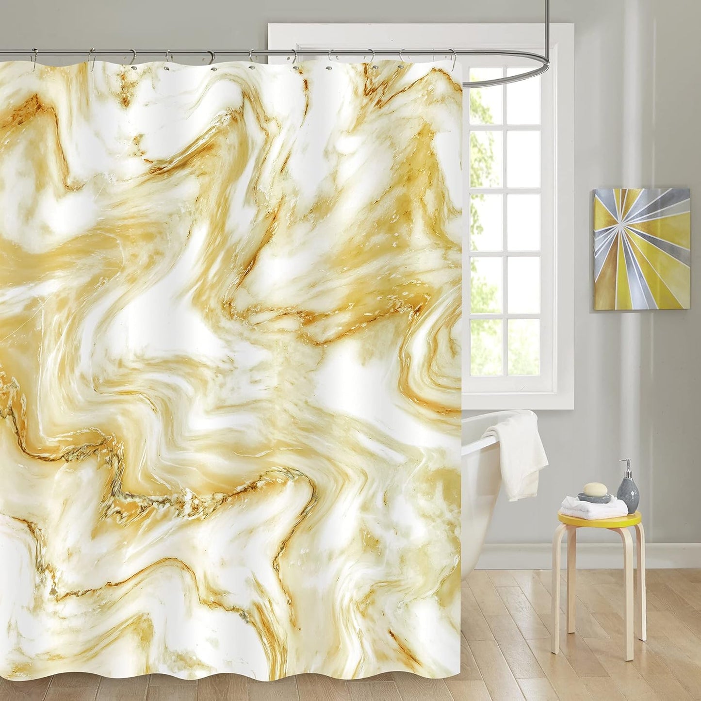 Yellow Gold Marble, Abstract Modern Shower Curtain for Bathroom Decor, Luxury Standard Shower Curtain for Bathtub, Waterproof Washable Fabric, 72 x 72