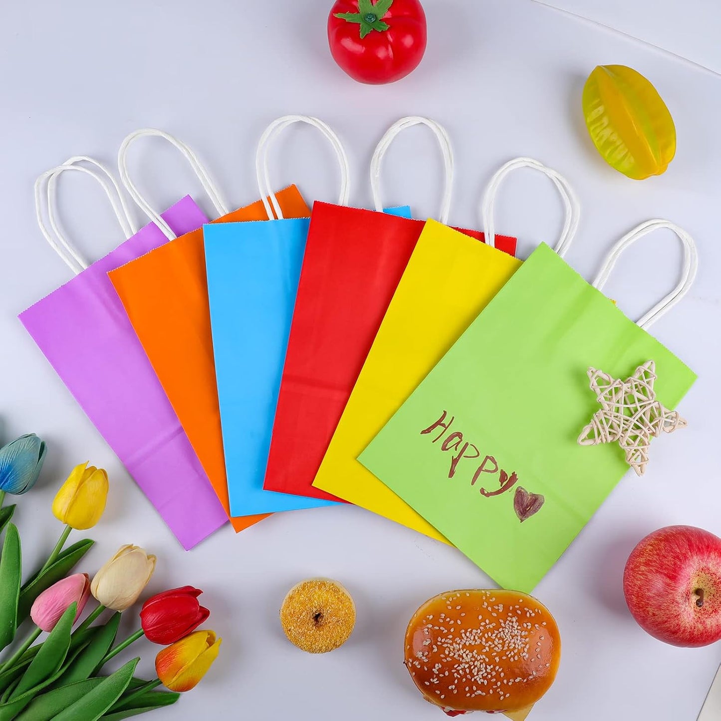 32Pcs Paper Gift Bags 5.25x3.25x8.25'' Kraft Paper Party Favor Bags | Bulk Rainbow Goodie Bags Small Gift Bags with Handles for Kids Birthday Baby Shower Crafts Wedding Party Supplies
