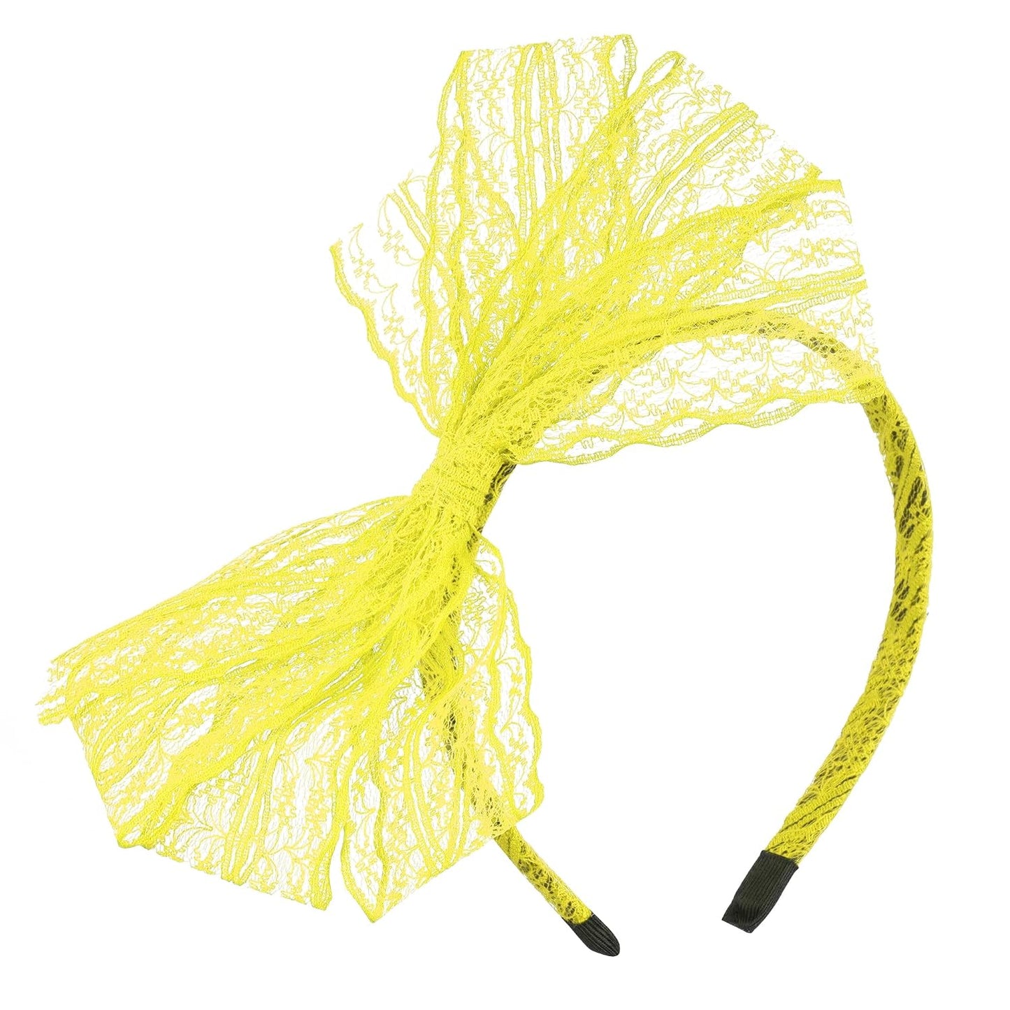 Women Neon Lace Bow Headband 80s Costume Headwear Lace Bow Hair Accessory for 1980s Theme Party Halloween Hair Hoop (Yellow)