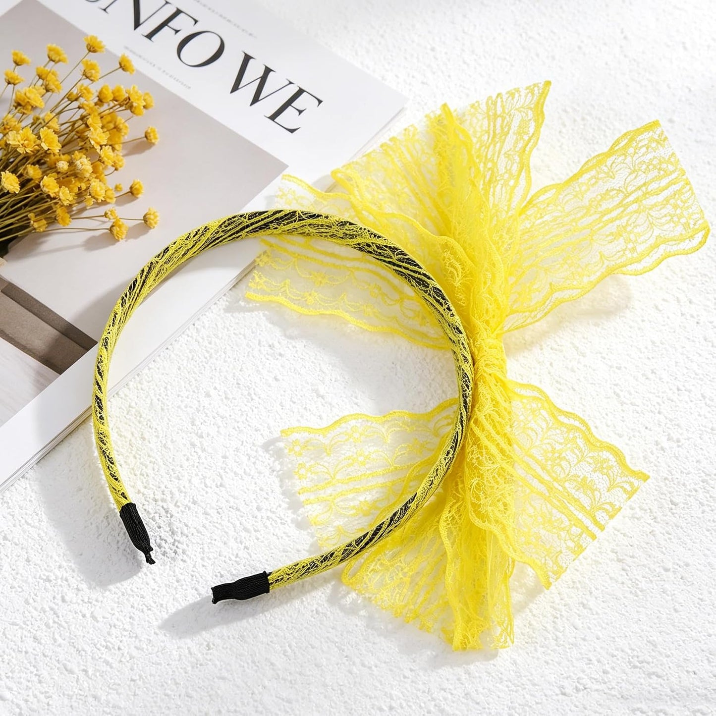 Women Neon Lace Bow Headband 80s Costume Headwear Lace Bow Hair Accessory for 1980s Theme Party Halloween Hair Hoop (Yellow)