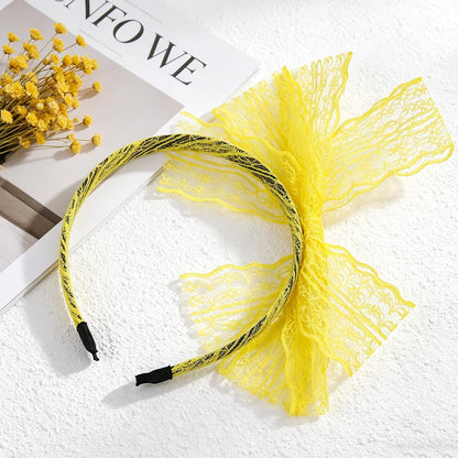 Women Neon Lace Bow Headband 80s Costume Headwear Lace Bow Hair Accessory for 1980s Theme Party Halloween Hair Hoop (Yellow)