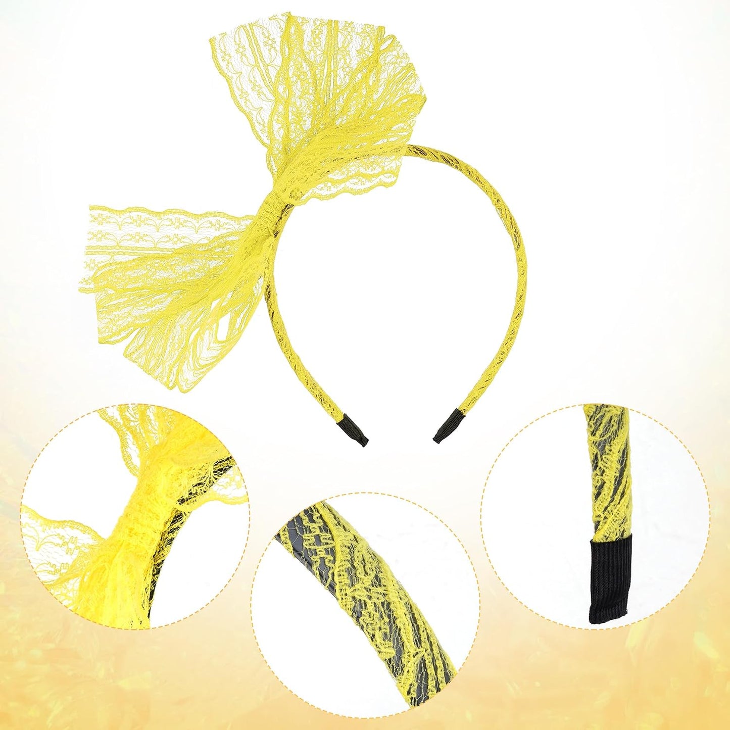 Women Neon Lace Bow Headband 80s Costume Headwear Lace Bow Hair Accessory for 1980s Theme Party Halloween Hair Hoop (Yellow)