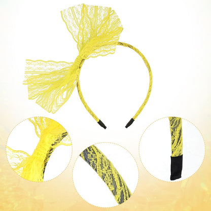 Women Neon Lace Bow Headband 80s Costume Headwear Lace Bow Hair Accessory for 1980s Theme Party Halloween Hair Hoop (Yellow)