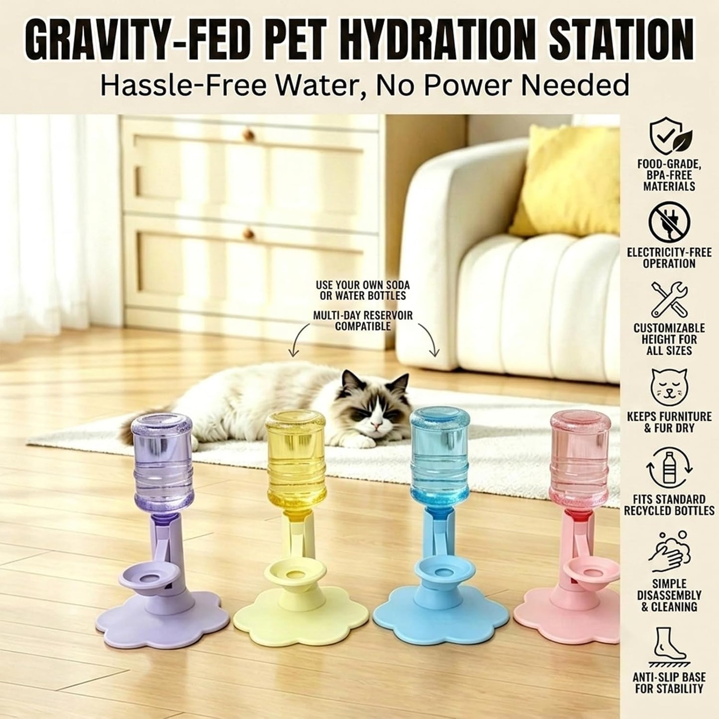 Cat Water Dispenser Stand – Spill-Proof Pet Water Bowl Adjustable Elevated Stand, Automatic Water Renewal, Detachable Easy Clean, Indoor Outdoor Use (Blue,Base+Bottle)