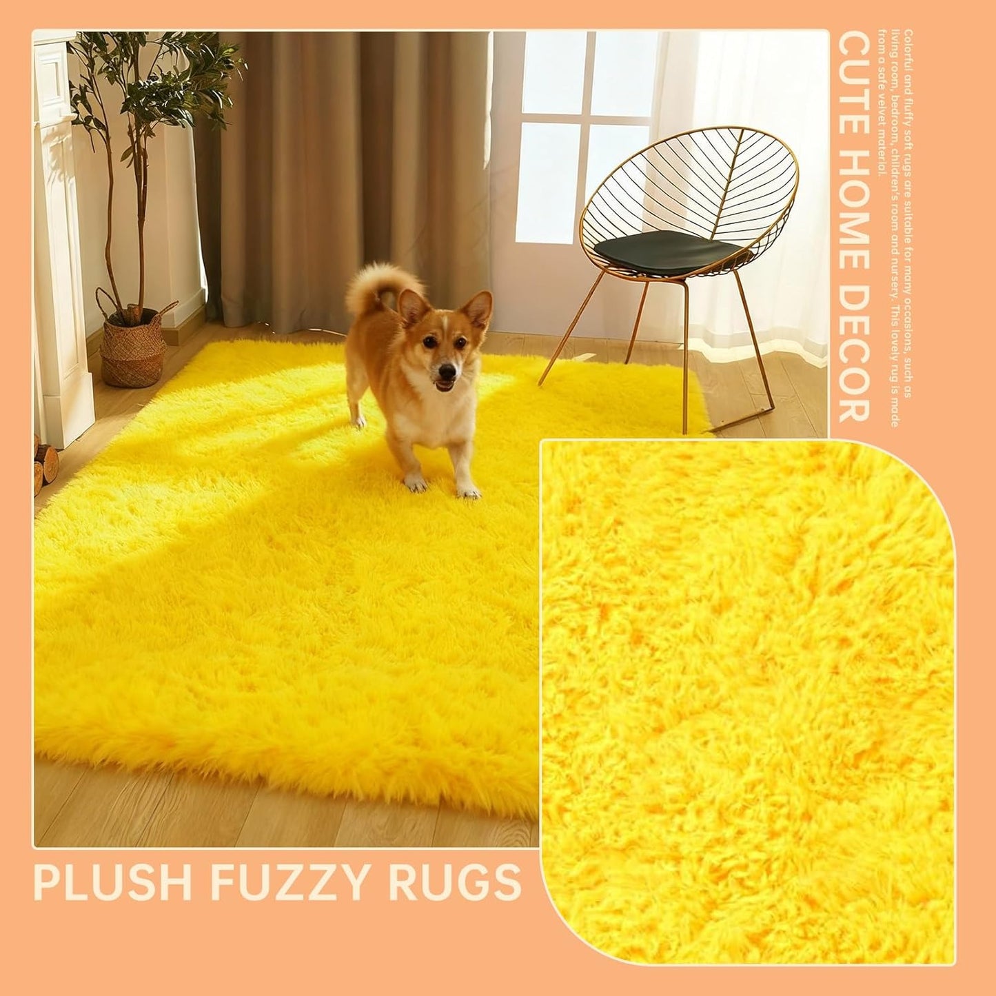 Cozy Winter Area Rug 2x3,Ultra Soft ‌Plush Shaggy Rug Non Slip for Living Room/Bedroom,Kid/Pet Friendly,Modern Home Decor Carpet,Yellow