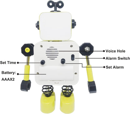Cute Metal Robot Alarm Clock for Kids-Funny Decoration Bedside Wake Up Light Alarm Clocks for Living Room-Yellow