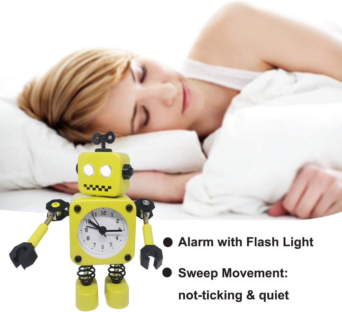 Cute Metal Robot Alarm Clock for Kids-Funny Decoration Bedside Wake Up Light Alarm Clocks for Living Room-Yellow