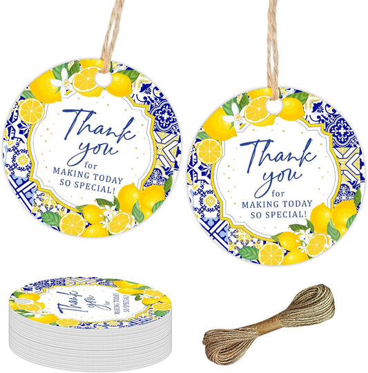 50PCS Lemon Thank You Favor Tags for Baby Shower Birthday Party Favors | Vintage Porcelain Lemon Hanging Tags with String Round Fruit Baby Shower Decoration Gift Tag for Wedding Party Gift Supplies