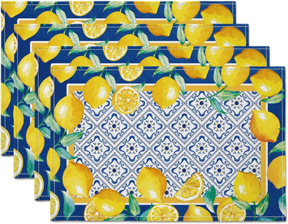 Yellow Lemon Placemat Blue Tile Burlap Waterproof Rectangular Place Mats Modern Washable Farmhouse Artificial Fruit Table Top Decor for Kitchen Dining Home Party Indoor Outdoor 12 x 18 Inch