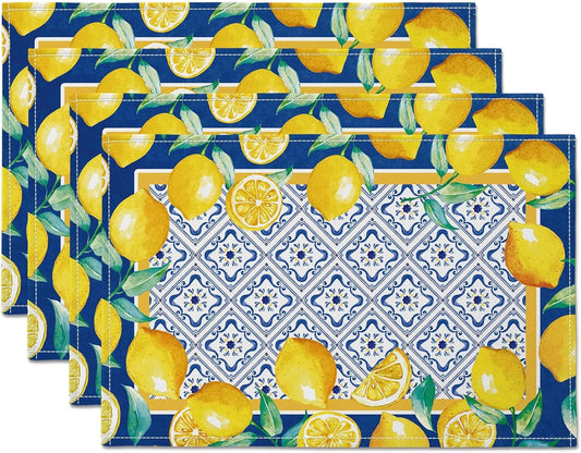Yellow Lemon Placemat Blue Tile Burlap Waterproof Rectangular Place Mats Modern Washable Farmhouse Artificial Fruit Table Top Decor for Kitchen Dining Home Party Indoor Outdoor 12 x 18 Inch