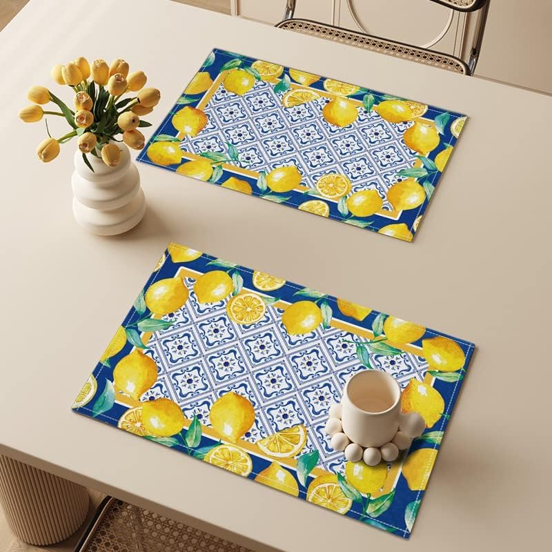 Yellow Lemon Placemat Blue Tile Burlap Waterproof Rectangular Place Mats Modern Washable Farmhouse Artificial Fruit Table Top Decor for Kitchen Dining Home Party Indoor Outdoor 12 x 18 Inch