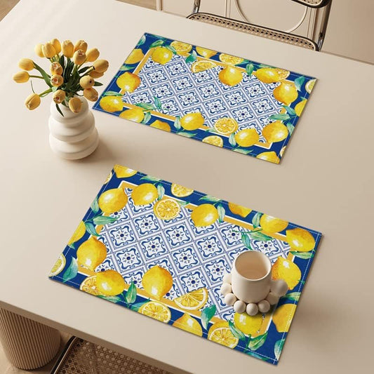 Yellow Lemon Placemat Blue Tile Burlap Waterproof Rectangular Place Mats Modern Washable Farmhouse Artificial Fruit Table Top Decor for Kitchen Dining Home Party Indoor Outdoor 12 x 18 Inch