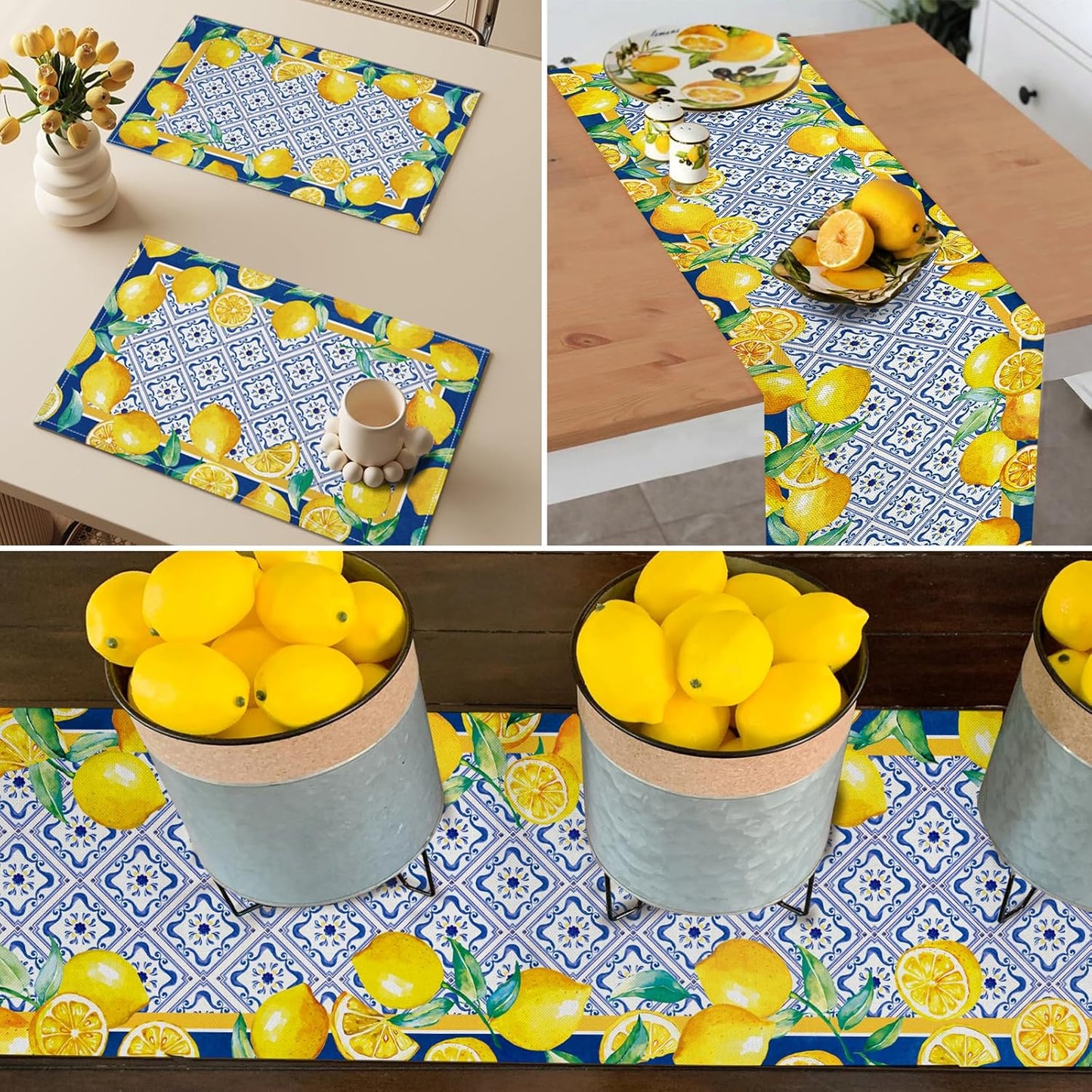 Yellow Lemon Placemat Blue Tile Burlap Waterproof Rectangular Place Mats Modern Washable Farmhouse Artificial Fruit Table Top Decor for Kitchen Dining Home Party Indoor Outdoor 12 x 18 Inch