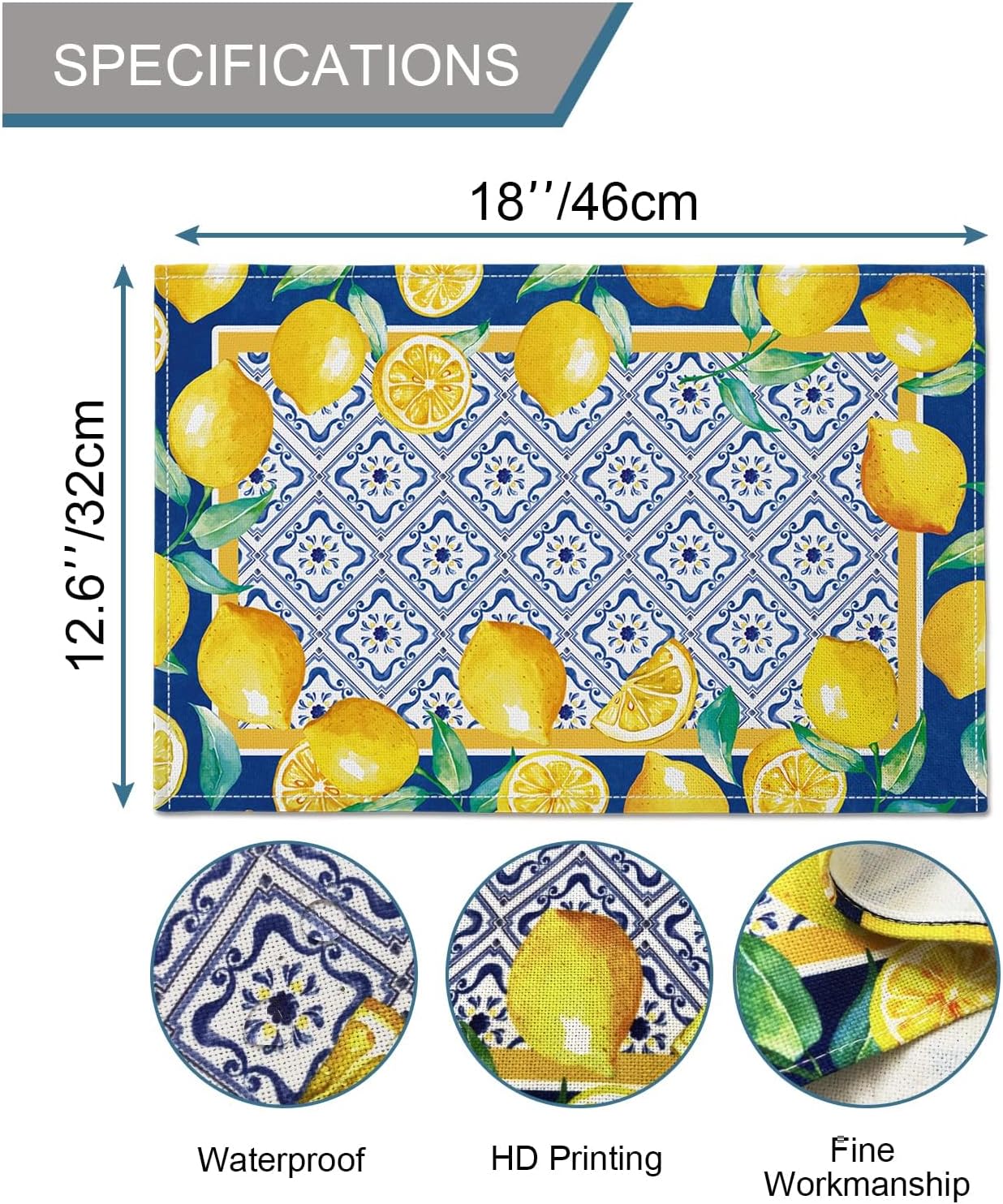Yellow Lemon Placemat Blue Tile Burlap Waterproof Rectangular Place Mats Modern Washable Farmhouse Artificial Fruit Table Top Decor for Kitchen Dining Home Party Indoor Outdoor 12 x 18 Inch