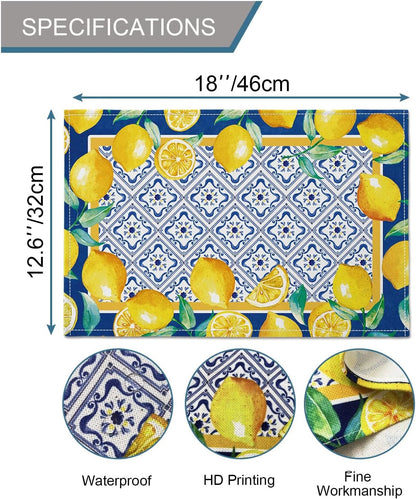 Yellow Lemon Placemat Blue Tile Burlap Waterproof Rectangular Place Mats Modern Washable Farmhouse Artificial Fruit Table Top Decor for Kitchen Dining Home Party Indoor Outdoor 12 x 18 Inch
