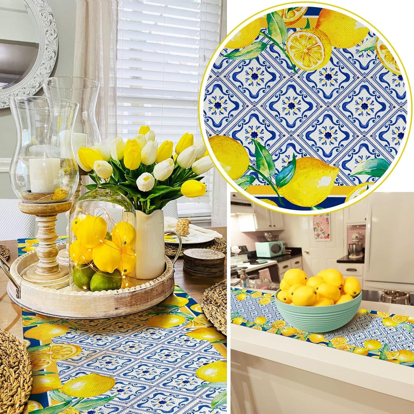 Yellow Lemon Placemat Blue Tile Burlap Waterproof Rectangular Place Mats Modern Washable Farmhouse Artificial Fruit Table Top Decor for Kitchen Dining Home Party Indoor Outdoor 12 x 18 Inch