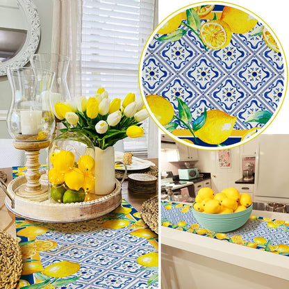 Yellow Lemon Placemat Blue Tile Burlap Waterproof Rectangular Place Mats Modern Washable Farmhouse Artificial Fruit Table Top Decor for Kitchen Dining Home Party Indoor Outdoor 12 x 18 Inch