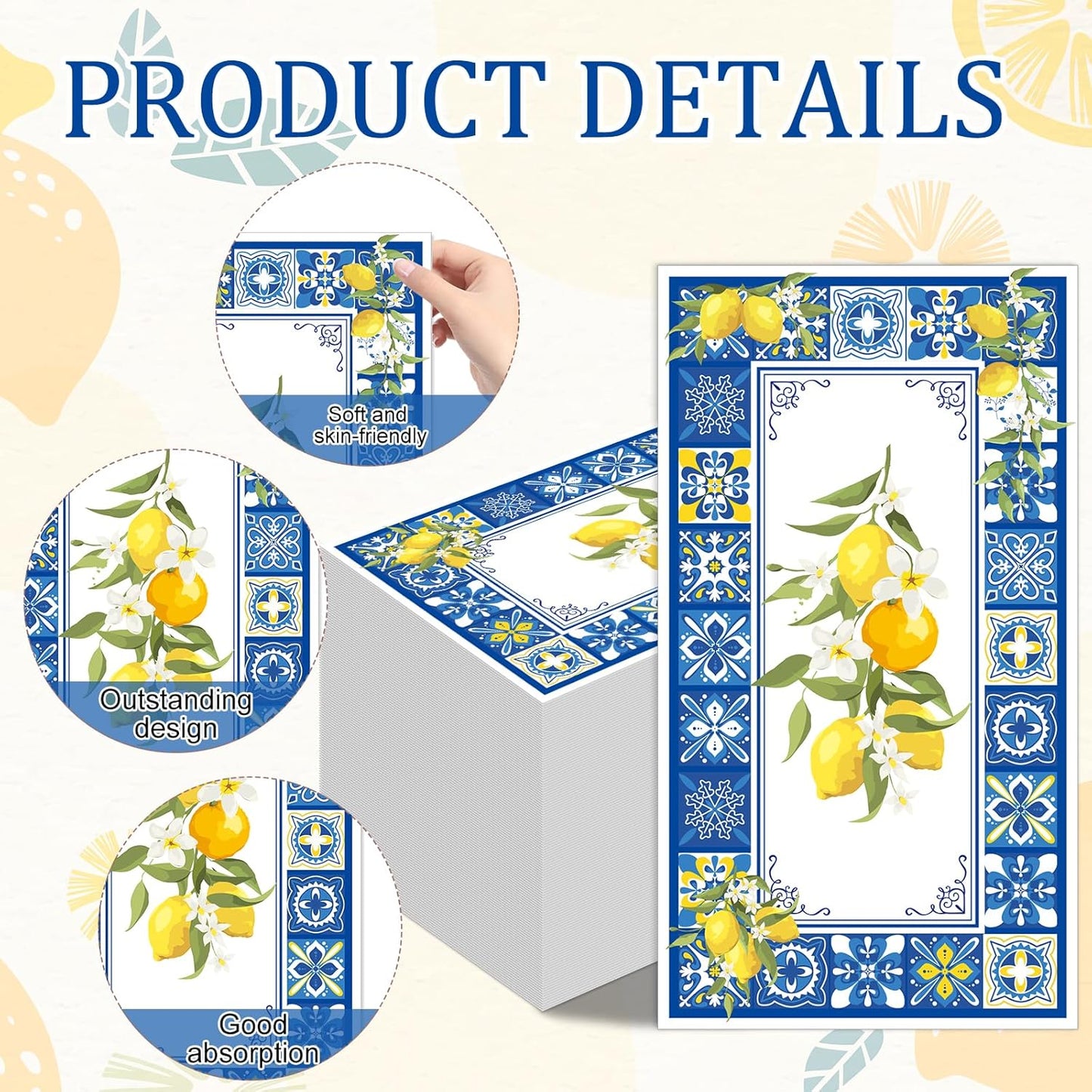 Amalfi Coast Party Decorations - 100 Pcs 7.9 x 4.3 in Lemon Napkin Blue Tiles Mediterranean Disposable Paper Hand Towels, Summer Fruit Lemonade Lemons Theme Birthday Bridal Shower Supplies