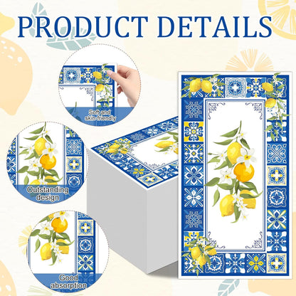 Amalfi Coast Party Decorations - 100 Pcs 7.9 x 4.3 in Lemon Napkin Blue Tiles Mediterranean Disposable Paper Hand Towels, Summer Fruit Lemonade Lemons Theme Birthday Bridal Shower Supplies