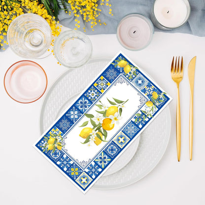 Amalfi Coast Party Decorations - 100 Pcs 7.9 x 4.3 in Lemon Napkin Blue Tiles Mediterranean Disposable Paper Hand Towels, Summer Fruit Lemonade Lemons Theme Birthday Bridal Shower Supplies