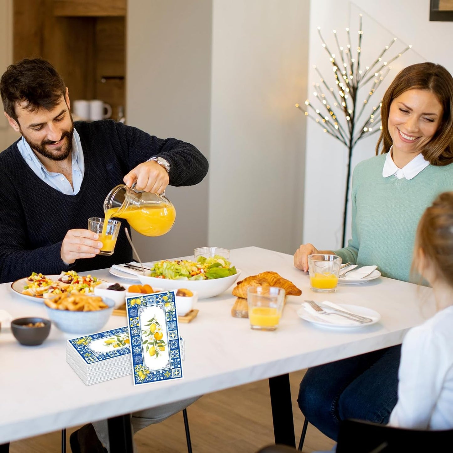 Amalfi Coast Party Decorations - 100 Pcs 7.9 x 4.3 in Lemon Napkin Blue Tiles Mediterranean Disposable Paper Hand Towels, Summer Fruit Lemonade Lemons Theme Birthday Bridal Shower Supplies