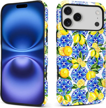 Case for iPhone 17 Pro Max,Vintage Lemon Blue Full Body Design Hybrid Dual Protection Soft TPU Hard PC Shockproof Scratch Resistant Protective Cover Phone Case for Men Women