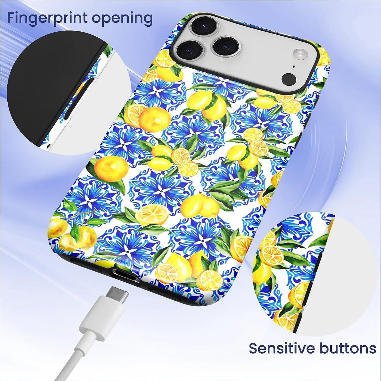 Case for iPhone 17 Pro Max,Vintage Lemon Blue Full Body Design Hybrid Dual Protection Soft TPU Hard PC Shockproof Scratch Resistant Protective Cover Phone Case for Men Women