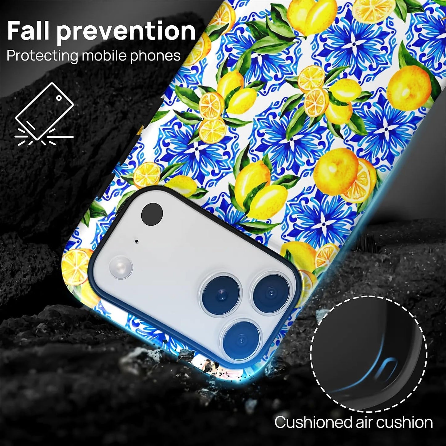 Case for iPhone 17 Pro Max,Vintage Lemon Blue Full Body Design Hybrid Dual Protection Soft TPU Hard PC Shockproof Scratch Resistant Protective Cover Phone Case for Men Women