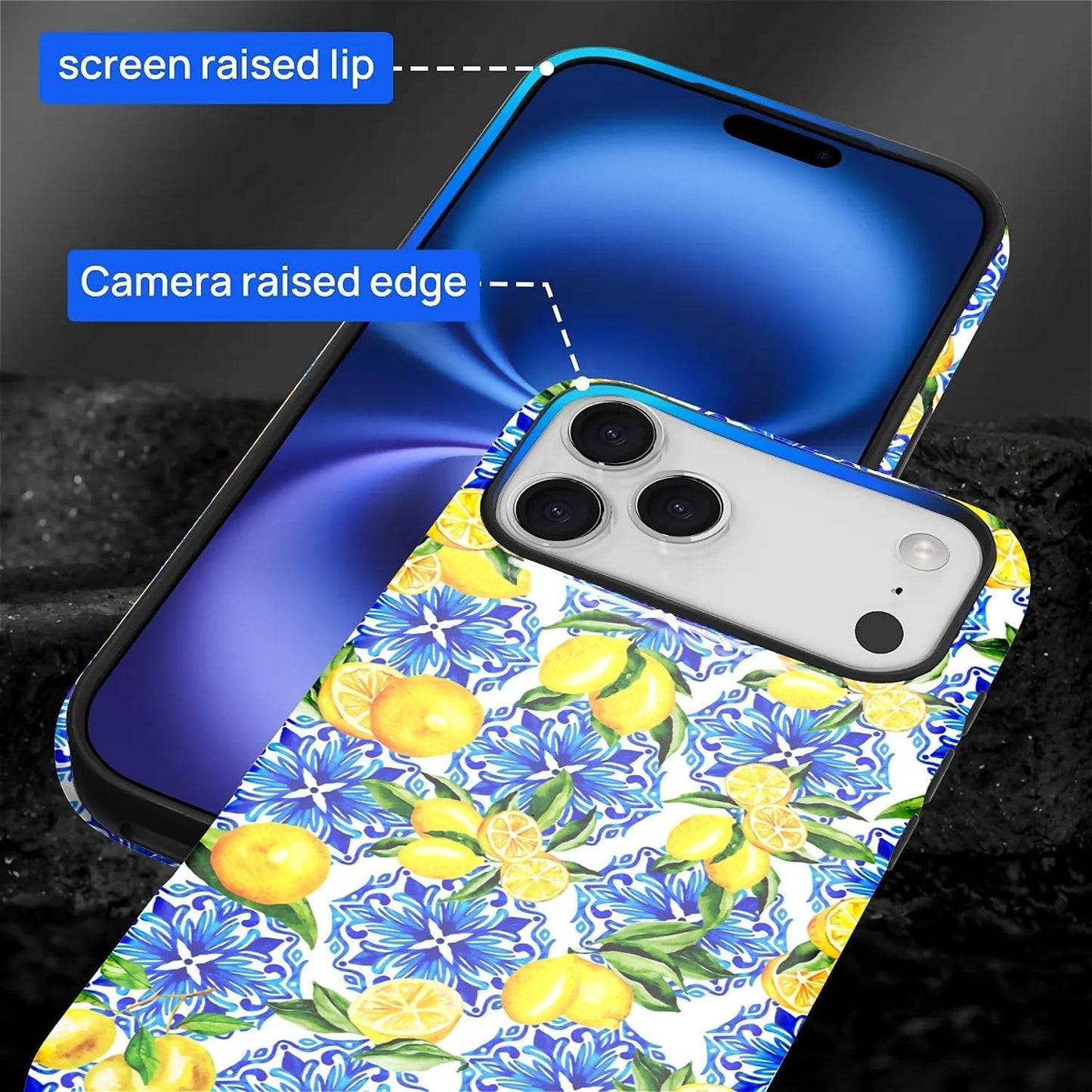 Case for iPhone 17 Pro Max,Vintage Lemon Blue Full Body Design Hybrid Dual Protection Soft TPU Hard PC Shockproof Scratch Resistant Protective Cover Phone Case for Men Women