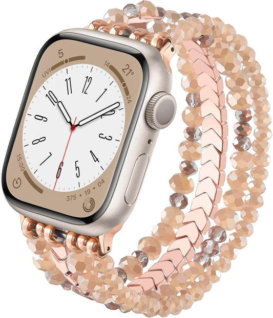 Beaded Bracelet Compatible with Apple Watch Band Series 11/10/9/8/7, Fashion Stretch Women Bands for iWatch Series SE/6/5/4/3/2/1 iPhone Watch Strap Bands 42/44/45/49/46mm (Rose Gold/Yellowish)
