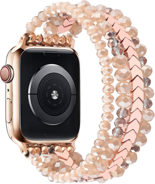 Beaded Bracelet Compatible with Apple Watch Band Series 11/10/9/8/7, Fashion Stretch Women Bands for iWatch Series SE/6/5/4/3/2/1 iPhone Watch Strap Bands 42/44/45/49/46mm (Rose Gold/Yellowish)