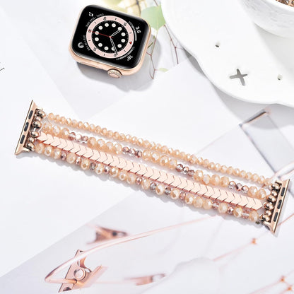 Beaded Bracelet Compatible with Apple Watch Band Series 11/10/9/8/7, Fashion Stretch Women Bands for iWatch Series SE/6/5/4/3/2/1 iPhone Watch Strap Bands 42/44/45/49/46mm (Rose Gold/Yellowish)