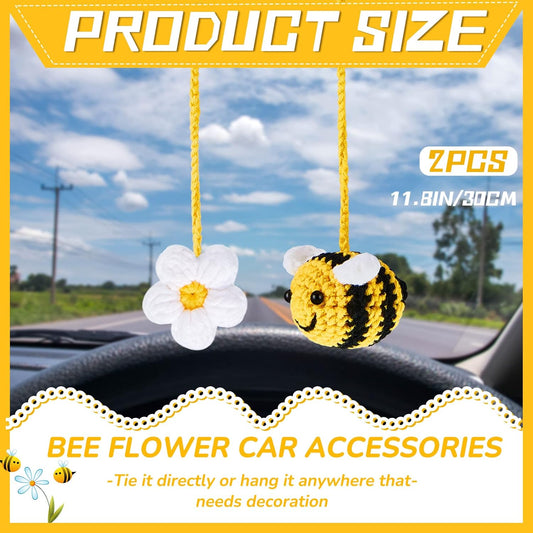 4 Pcs Cute Rear View Mirror Accessories Bee and Flower Crochet Car Decor Hand Knitted Car Mirror Hanging Accessories Pendant for Women Men Automotive Interior Decorations, 2 Style (Yellow)