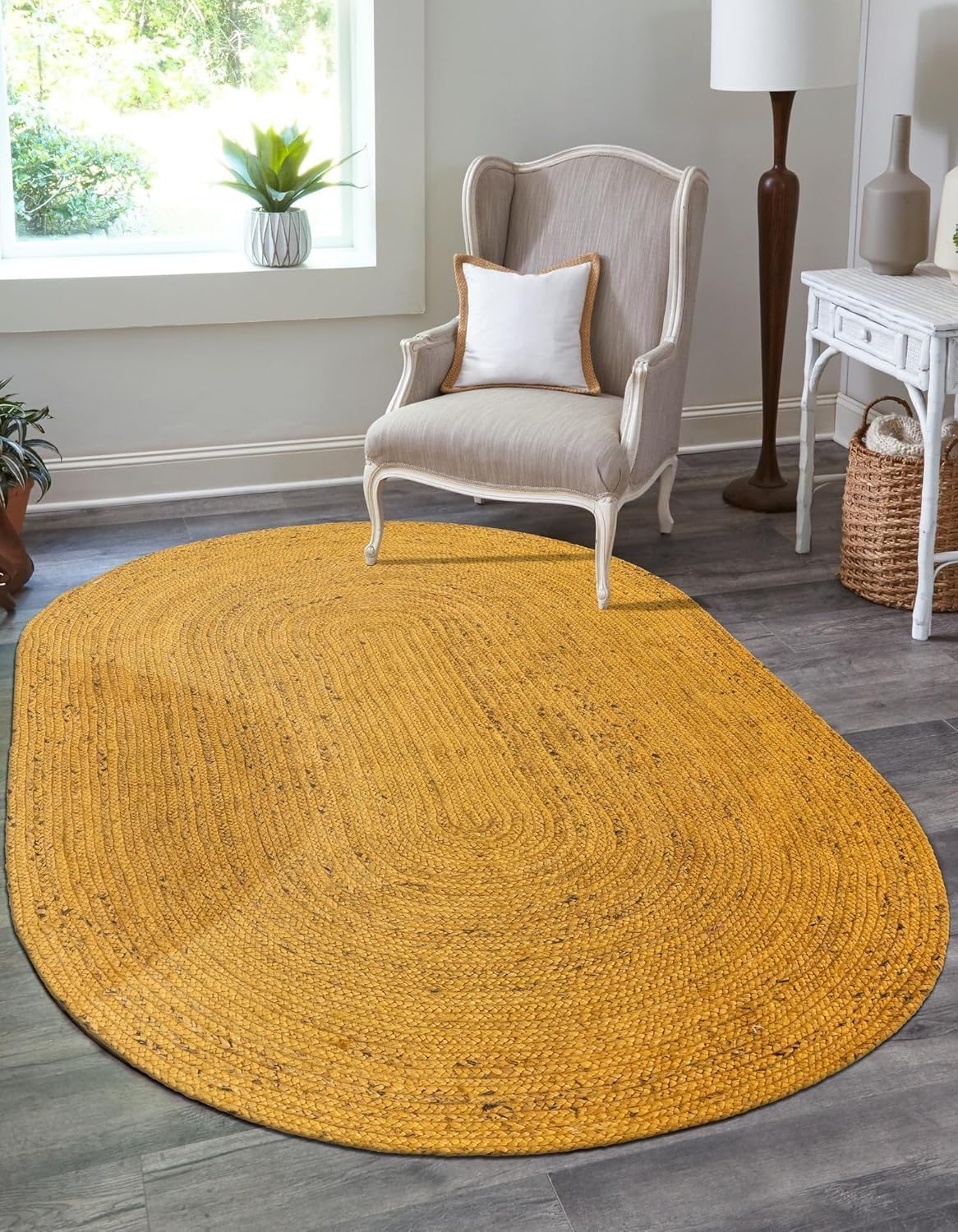 Indian Hand Woven Braided Yellow Color Jute Area Rug, Bohemian Area Rugs, Bedroom, Living Room, Doormat Rug Size - 2' x 3' Oval / 60 cm x 90 cm