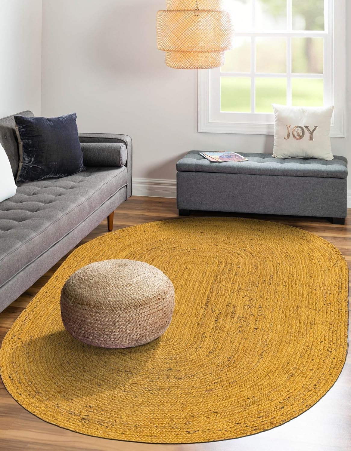 Indian Hand Woven Braided Yellow Color Jute Area Rug, Bohemian Area Rugs, Bedroom, Living Room, Doormat Rug Size - 2' x 3' Oval / 60 cm x 90 cm