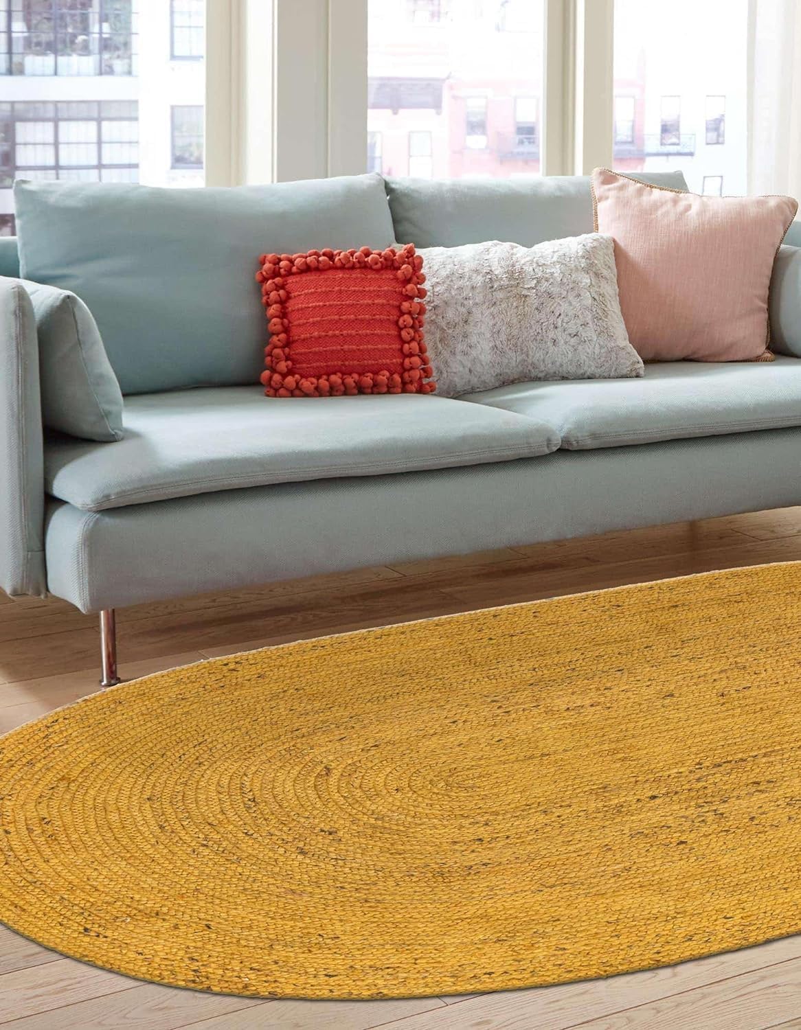Indian Hand Woven Braided Yellow Color Jute Area Rug, Bohemian Area Rugs, Bedroom, Living Room, Doormat Rug Size - 2' x 3' Oval / 60 cm x 90 cm