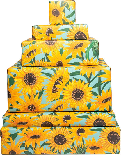 Floral Wrapping Paper - Sunflowers Gift Wrapping Paper - Blue Yellow Boho Vintage - Bridal Shower Gift Wrap - 6 Sheets - For Women Men Birthdays Wedding Easter - Recyclable