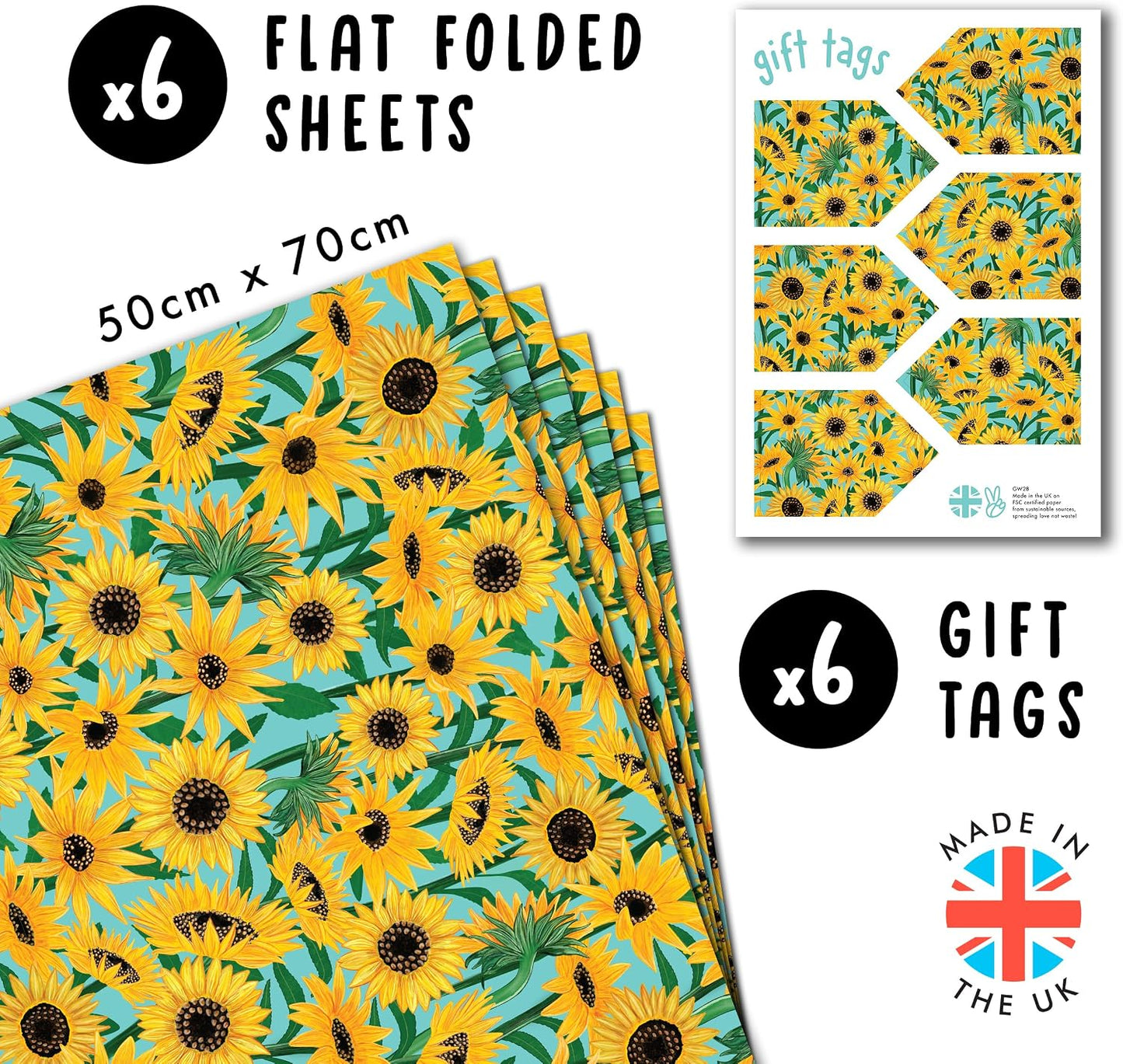 Floral Wrapping Paper - Sunflowers Gift Wrapping Paper - Blue Yellow Boho Vintage - Bridal Shower Gift Wrap - 6 Sheets - For Women Men Birthdays Wedding Easter - Recyclable