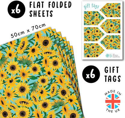 Floral Wrapping Paper - Sunflowers Gift Wrapping Paper - Blue Yellow Boho Vintage - Bridal Shower Gift Wrap - 6 Sheets - For Women Men Birthdays Wedding Easter - Recyclable