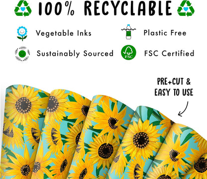 Floral Wrapping Paper - Sunflowers Gift Wrapping Paper - Blue Yellow Boho Vintage - Bridal Shower Gift Wrap - 6 Sheets - For Women Men Birthdays Wedding Easter - Recyclable