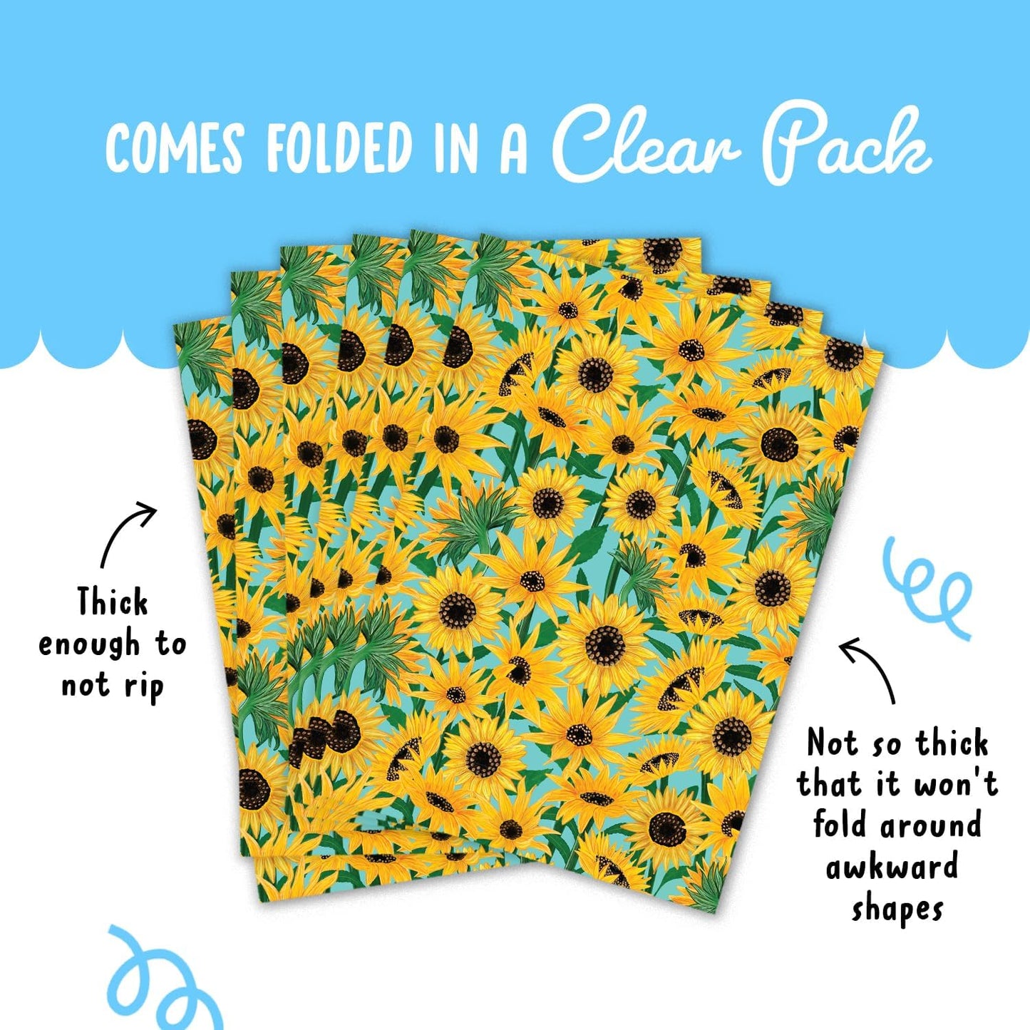 Floral Wrapping Paper - Sunflowers Gift Wrapping Paper - Blue Yellow Boho Vintage - Bridal Shower Gift Wrap - 6 Sheets - For Women Men Birthdays Wedding Easter - Recyclable
