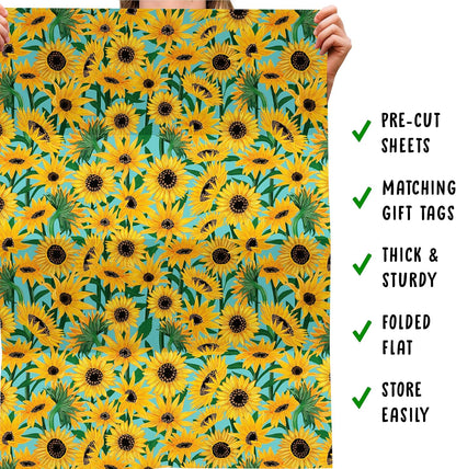 Floral Wrapping Paper - Sunflowers Gift Wrapping Paper - Blue Yellow Boho Vintage - Bridal Shower Gift Wrap - 6 Sheets - For Women Men Birthdays Wedding Easter - Recyclable