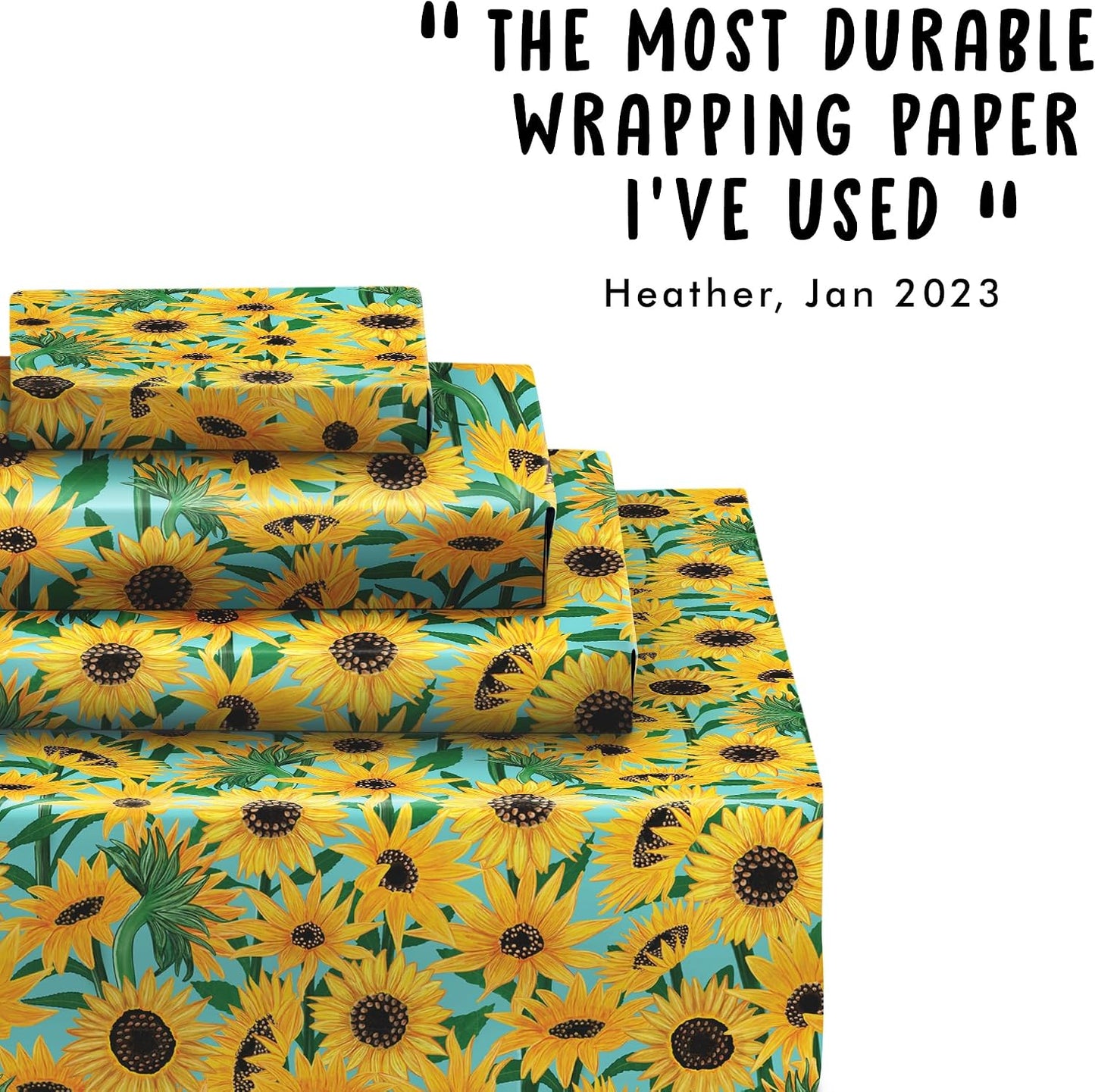 Floral Wrapping Paper - Sunflowers Gift Wrapping Paper - Blue Yellow Boho Vintage - Bridal Shower Gift Wrap - 6 Sheets - For Women Men Birthdays Wedding Easter - Recyclable
