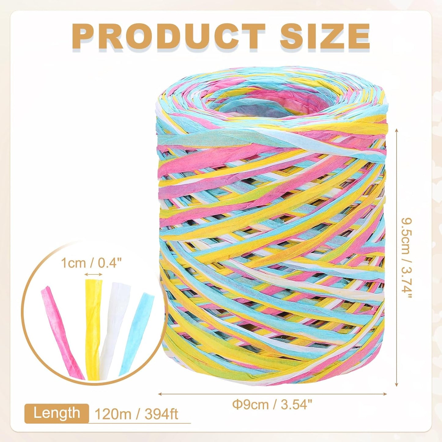 Raffia Paper Craft Ribbon 120M/394ft 4Ply String Kraft Packing for Gift Wrapping, Crafting Supplies (Pink/Yellow/Blue/White)