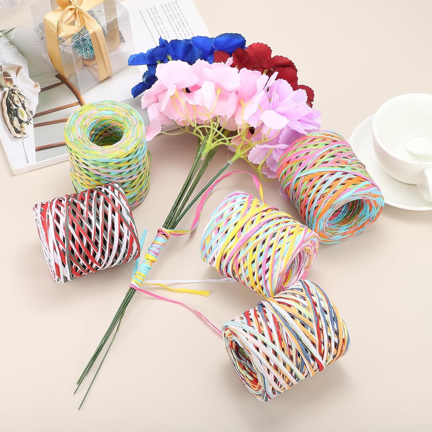 Raffia Paper Craft Ribbon 120M/394ft 4Ply String Kraft Packing for Gift Wrapping, Crafting Supplies (Pink/Yellow/Blue/White)