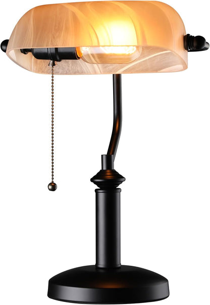 Pale Yellow Glass Bankers Desk Lamp with Pull Chain, E26 Base | Uniquely Textured Base, Antique Traditional Library Lamp for Office Study Room, Bulbs not Included